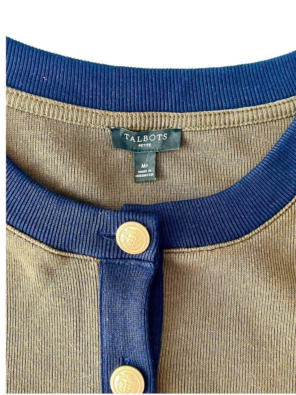 Olive Green and Navy Gold Button Cardigan Talbots Petite M - Picture 8 of 12